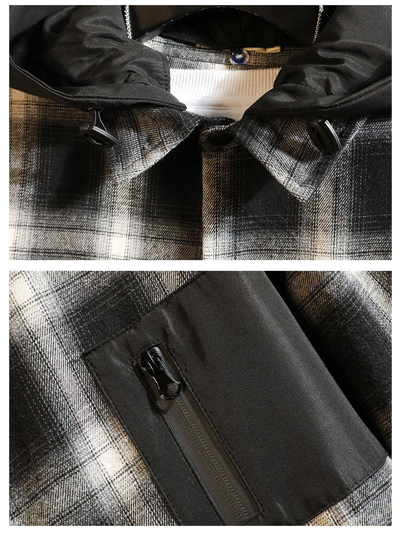 Men's Japanese Plus Size Casual Original Detachable Hooded Plaid Shirt