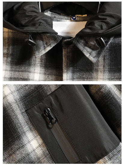 Men's Japanese Plus Size Casual Original Detachable Hooded Plaid Shirt