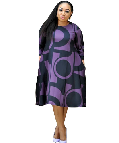 Women's fashionable Purple Printed Round Neck Mid Sleeve Plus Size Dress