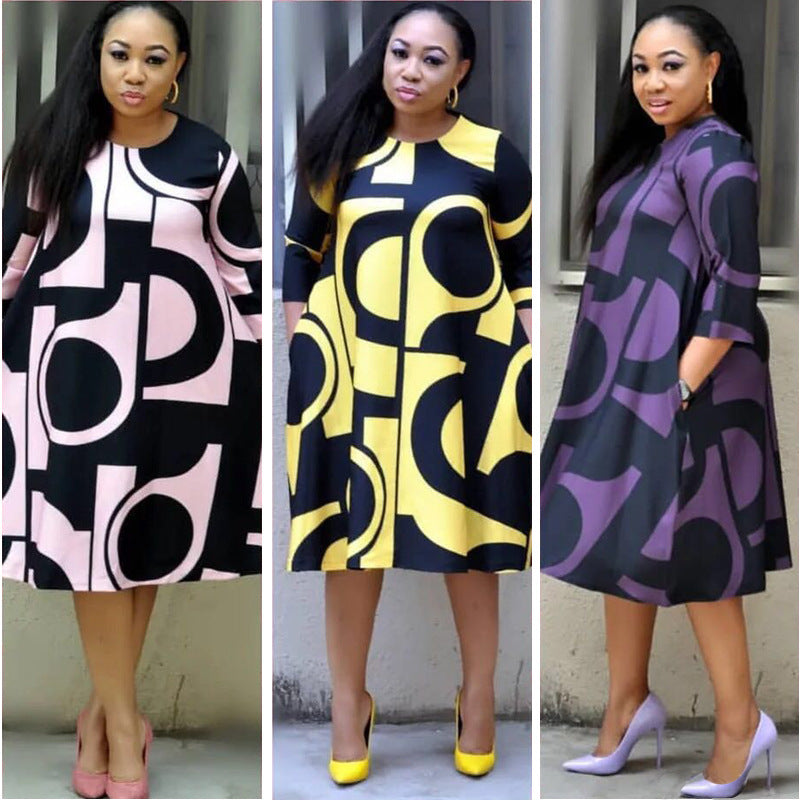 Women's fashionable Purple Printed Round Neck Mid Sleeve Plus Size Dress