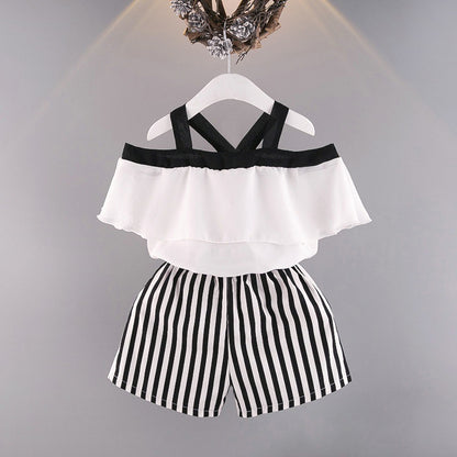 Two-piece Frilled Chiffon Shirt With Striped Shorts