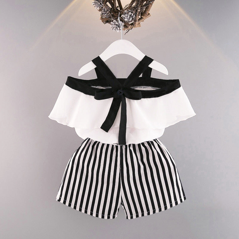 Two-piece Frilled Chiffon Shirt With Striped Shorts