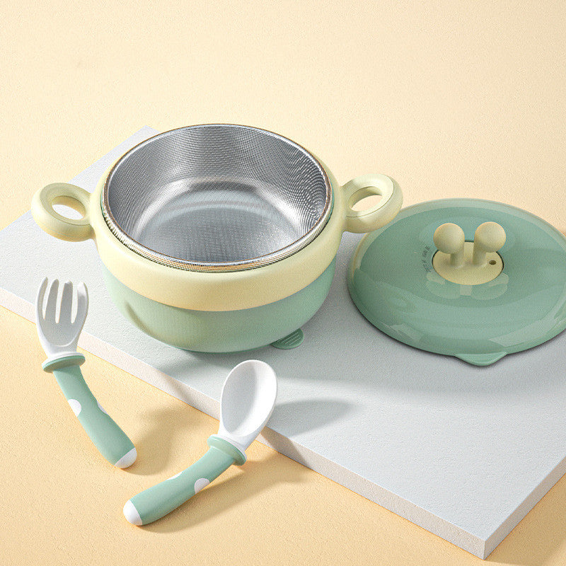 Baby Tableware Stainless Steel Bowl Baby Water Infusion Heat Preservation Bowl Supplementary Food Bowl Suction Cup Spoon Set