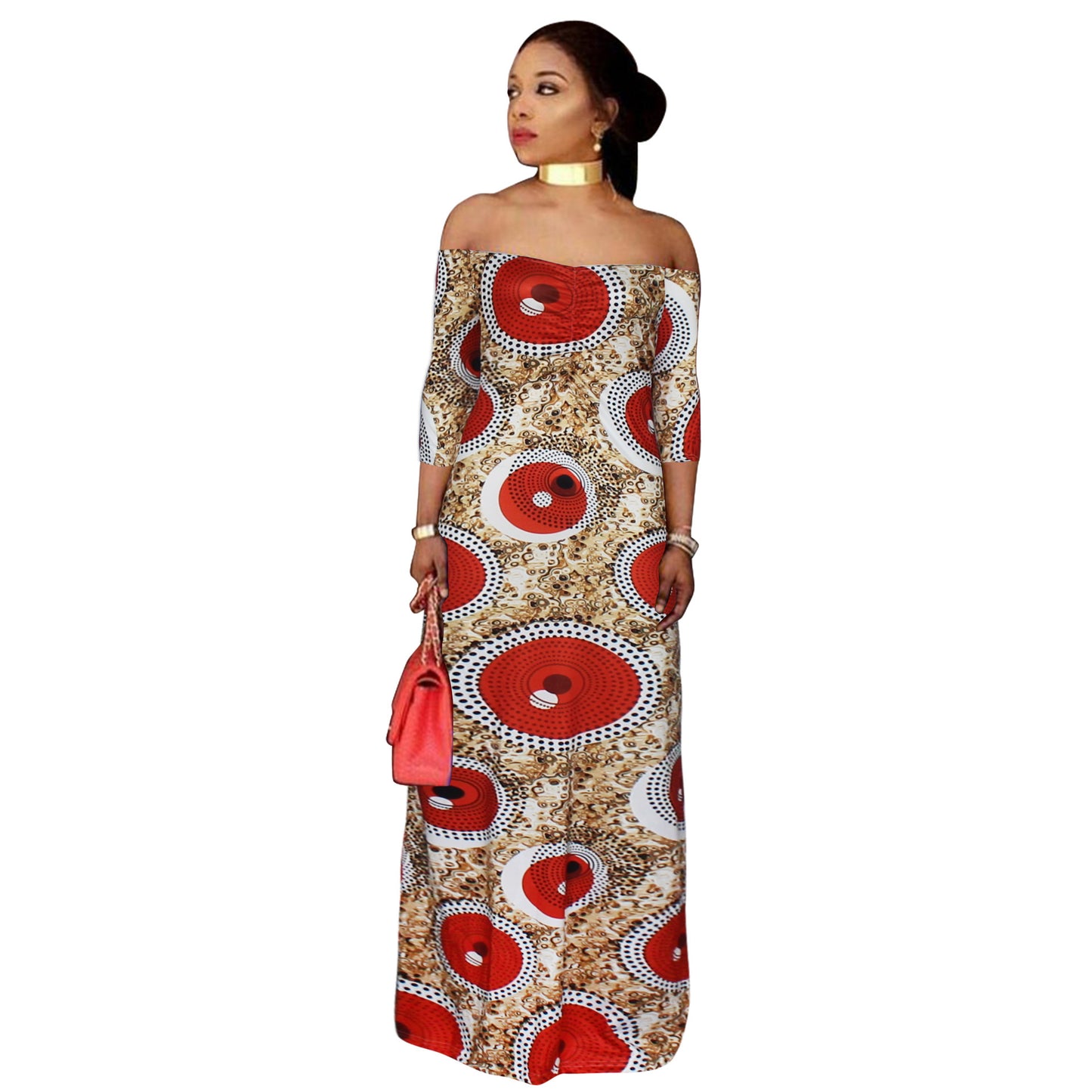 Printed One-Line Off-Shoulder Plus Size Dress