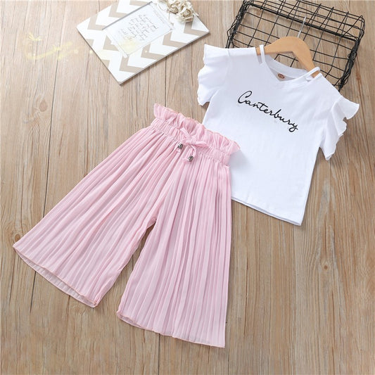Girls Chiffon Wide Leg Pants Pleated Flying Sleeve Top Set