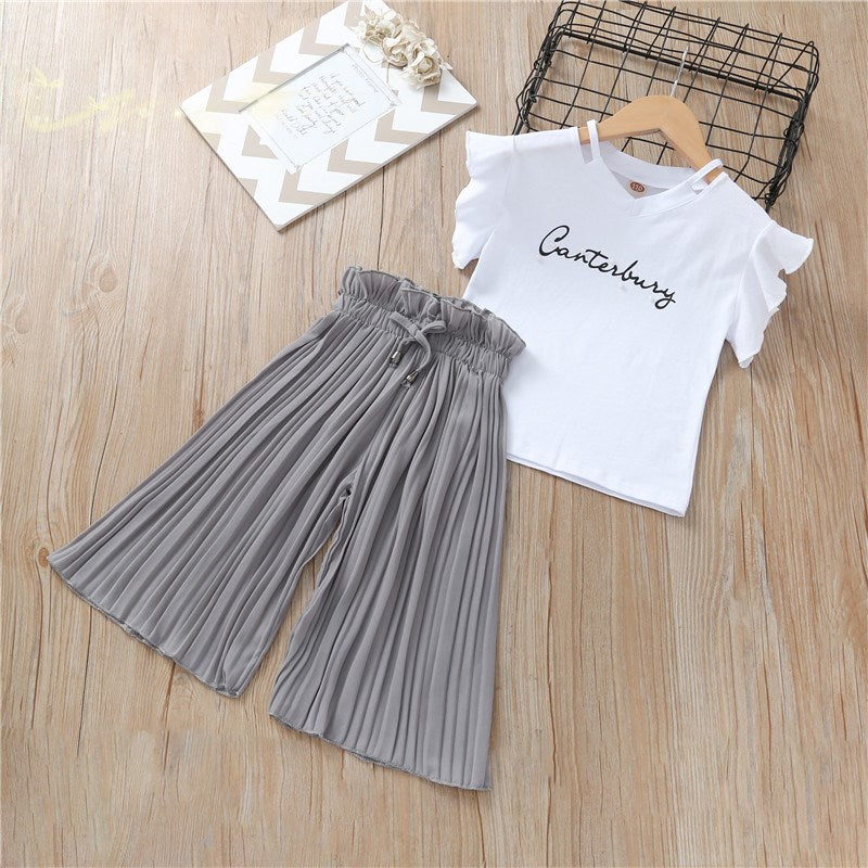 Girls Chiffon Wide Leg Pants Pleated Flying Sleeve Top Set