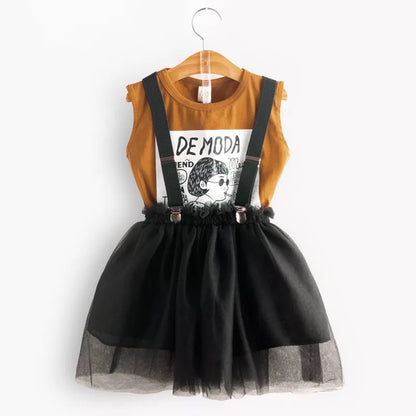 Cartoon T-shirt Mesh Suspender Skirt Suit