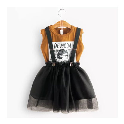 Cartoon T-shirt Mesh Suspender Skirt Suit