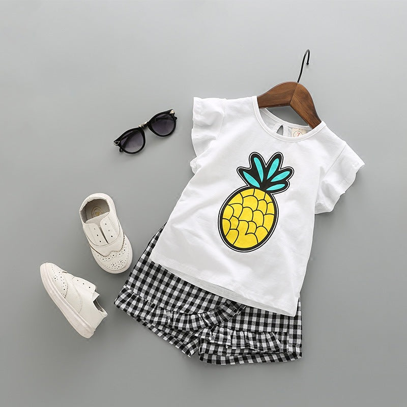 Girls Pineapple Top Striped Culottes Two-piece Suit