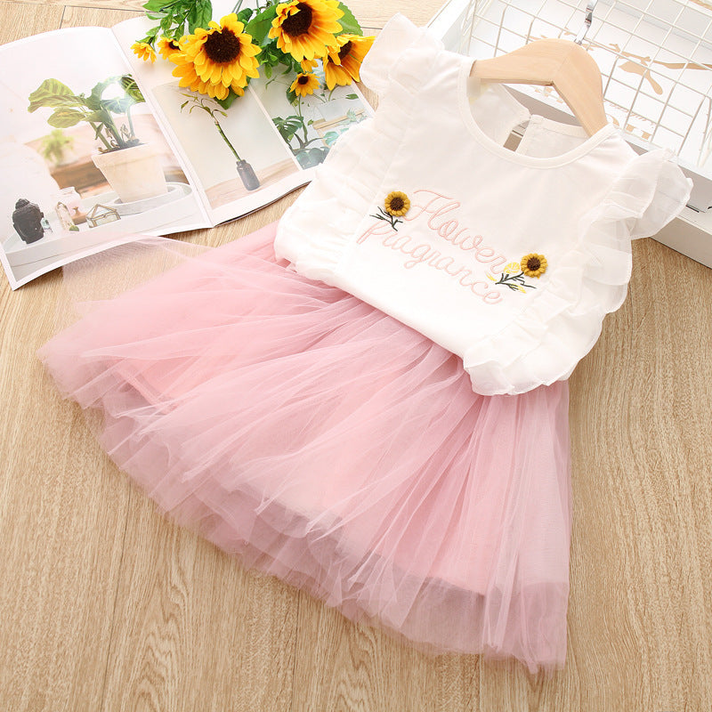 English Alphabet Sunflower Embroidery Blouse And Mesh Skirt Two-piece Suit