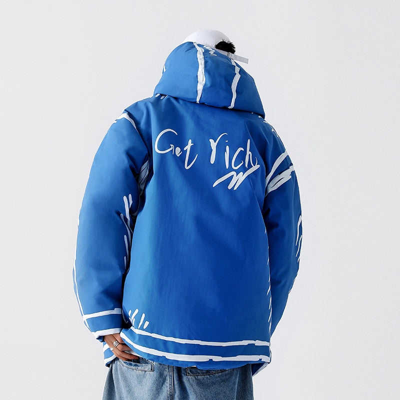 New Hooded Graffiti Short Loose Coat Plus Size Cotton Coat