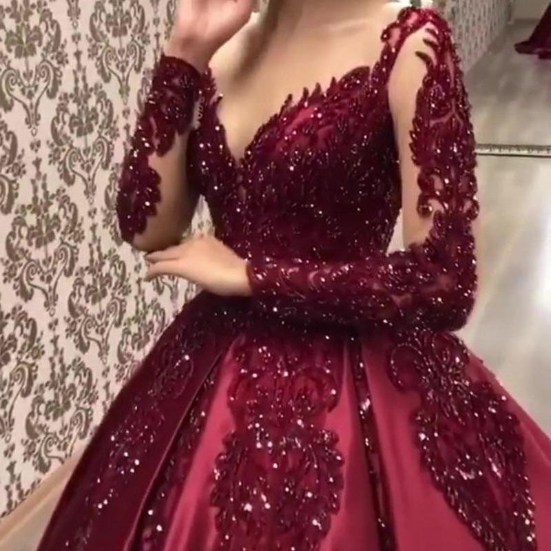 Deep V-Neck Sexy Dress Wedding Bride New Long Sleeve