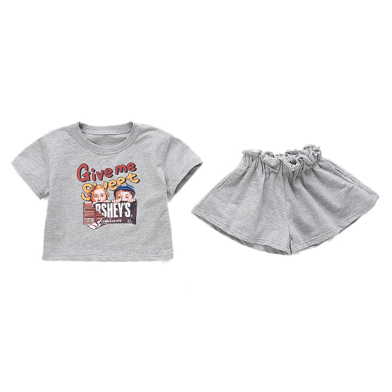 Girls Cartoon Print Short Sleeve T-shirt Lace Waist Shorts Set