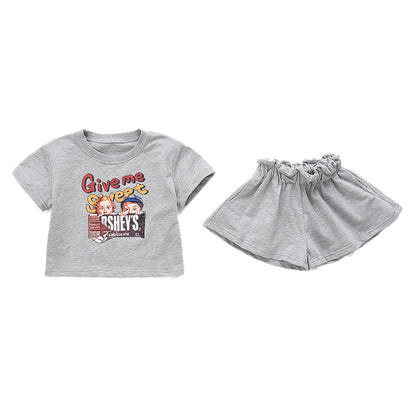 Girls Cartoon Print Short Sleeve T-shirt Lace Waist Shorts Set