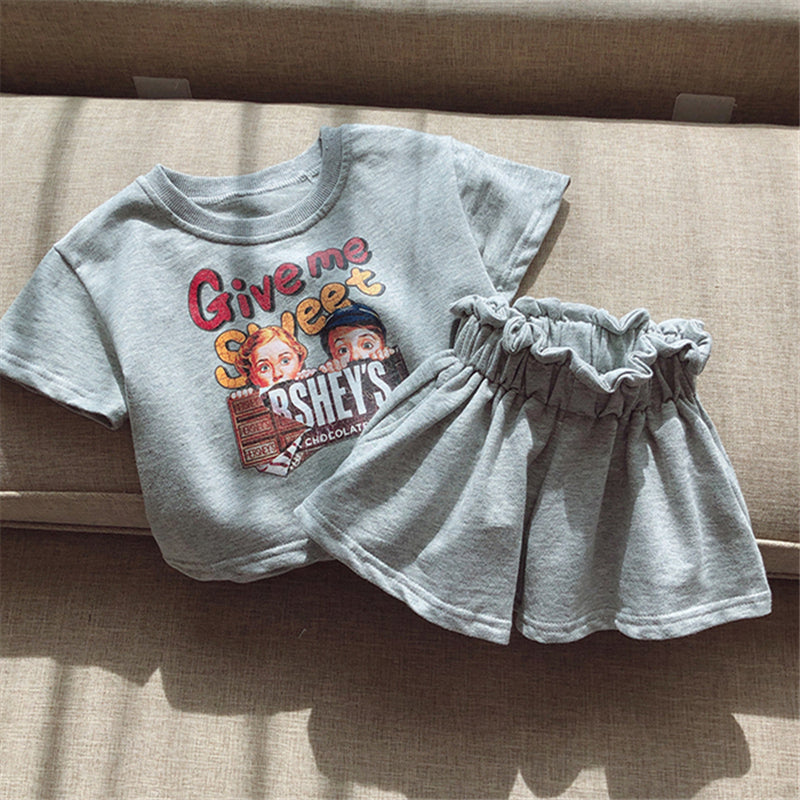 Girls Cartoon Print Short Sleeve T-shirt Lace Waist Shorts Set