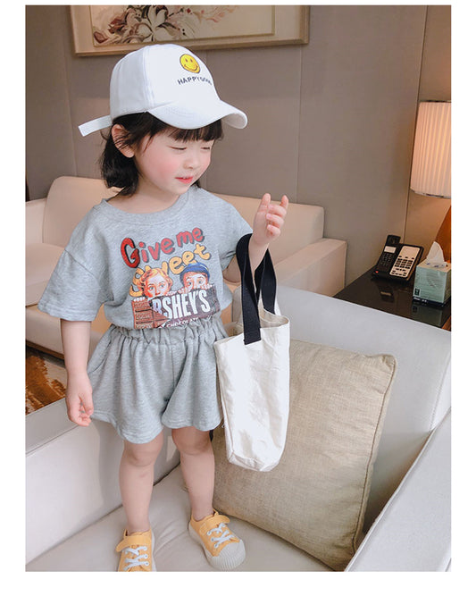 Girls Cartoon Print Short Sleeve T-shirt Lace Waist Shorts Set