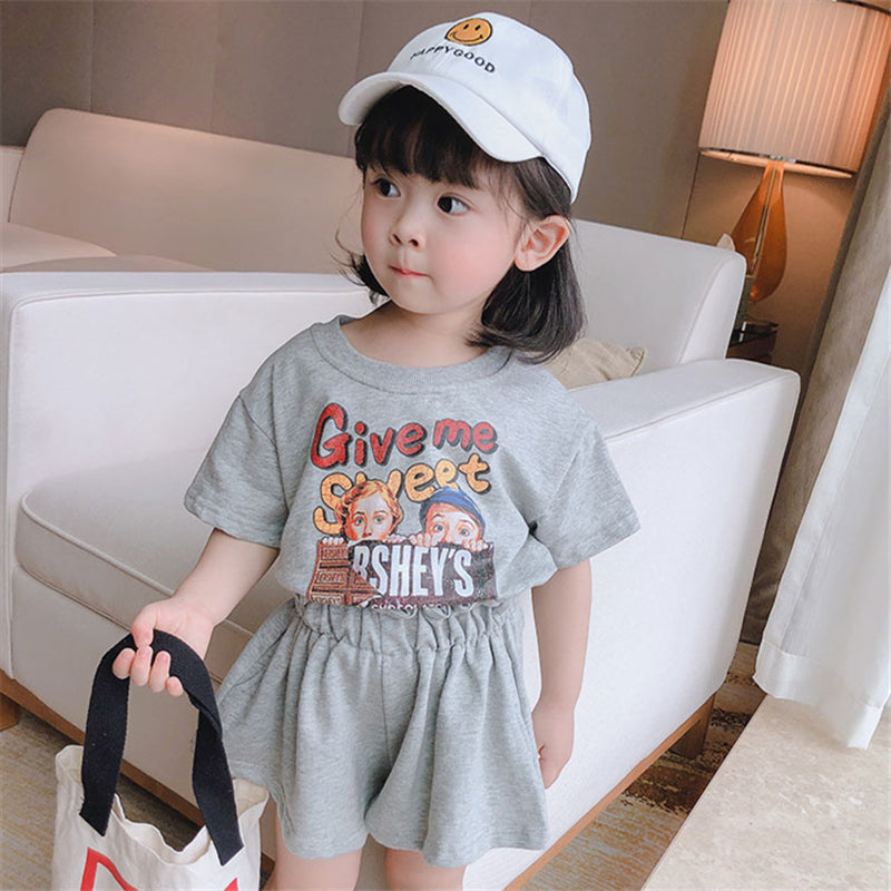 Girls Cartoon Print Short Sleeve T-shirt Lace Waist Shorts Set