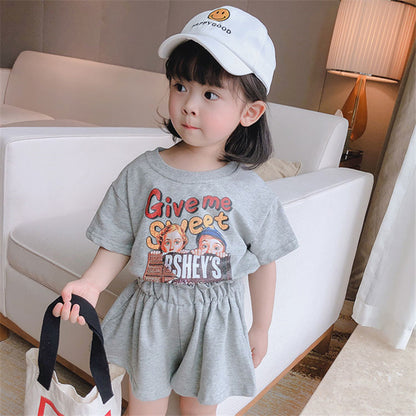 Girls Cartoon Print Short Sleeve T-shirt Lace Waist Shorts Set