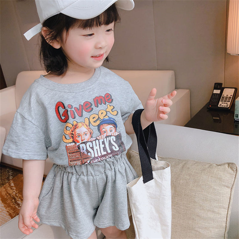 Girls Cartoon Print Short Sleeve T-shirt Lace Waist Shorts Set