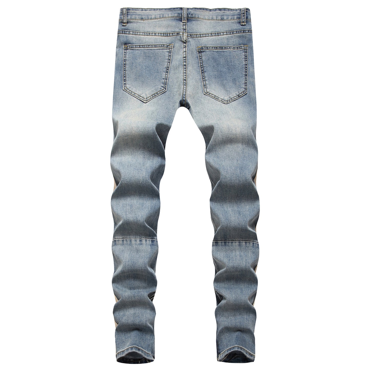Trendy modern style for young Men's cream Striped Ripped in the knees blue Jeans