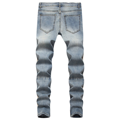 Trendy modern style for young Men's cream Striped Ripped in the knees blue Jeans
