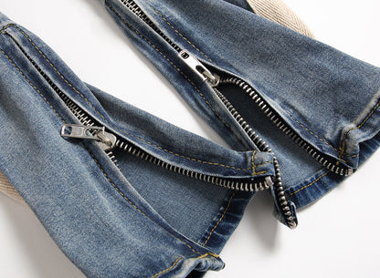 Trendy modern style for young Men's cream Striped Ripped in the knees blue Jeans