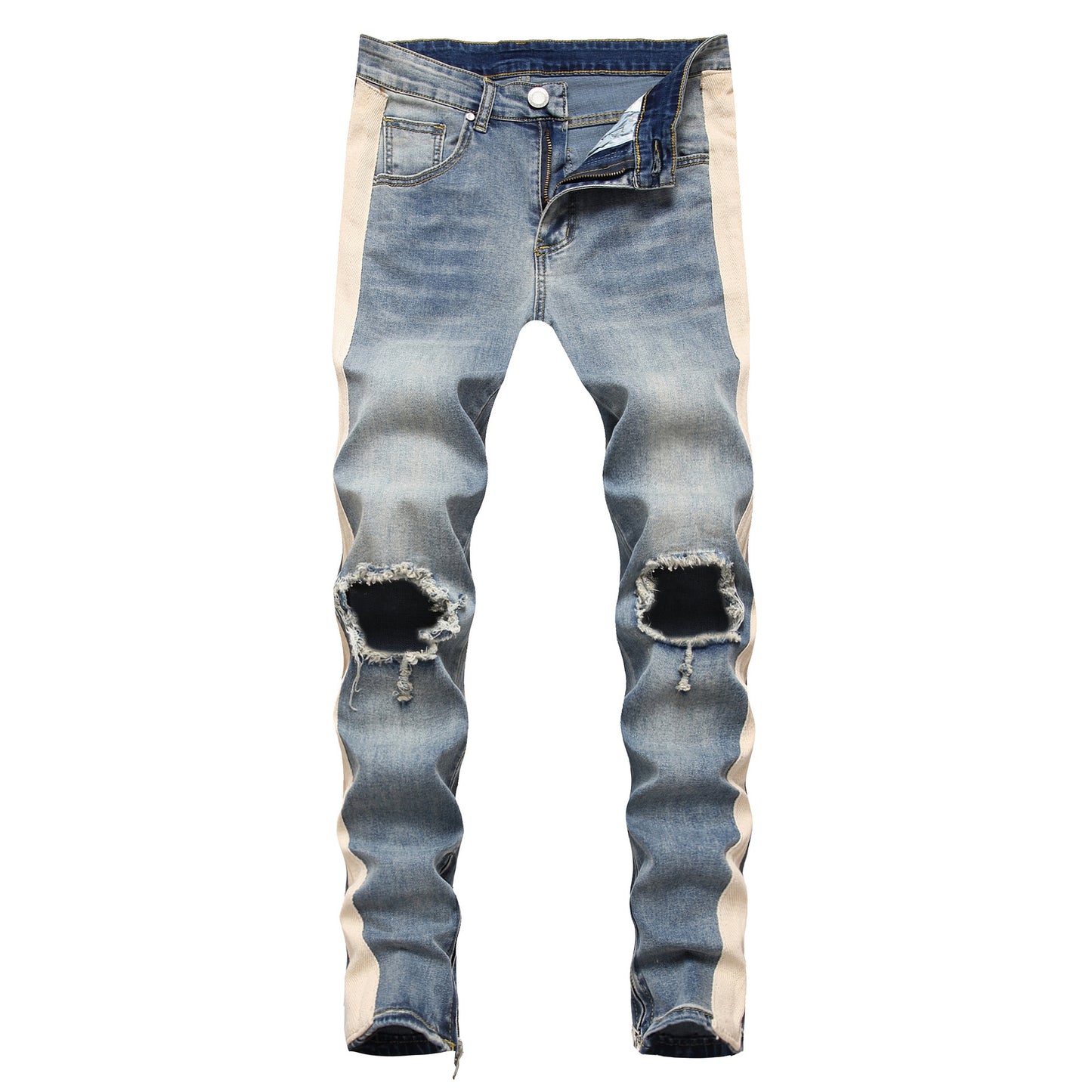 Trendy modern style for young Men's cream Striped Ripped in the knees blue Jeans