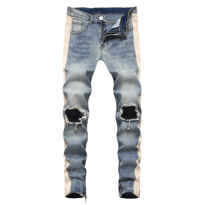 Trendy modern style for young Men's cream Striped Ripped in the knees blue Jeans