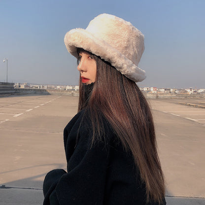 Winter Women's Thickened Imitation Rabbit Fur Flat Top Japanese Fisherman Hat