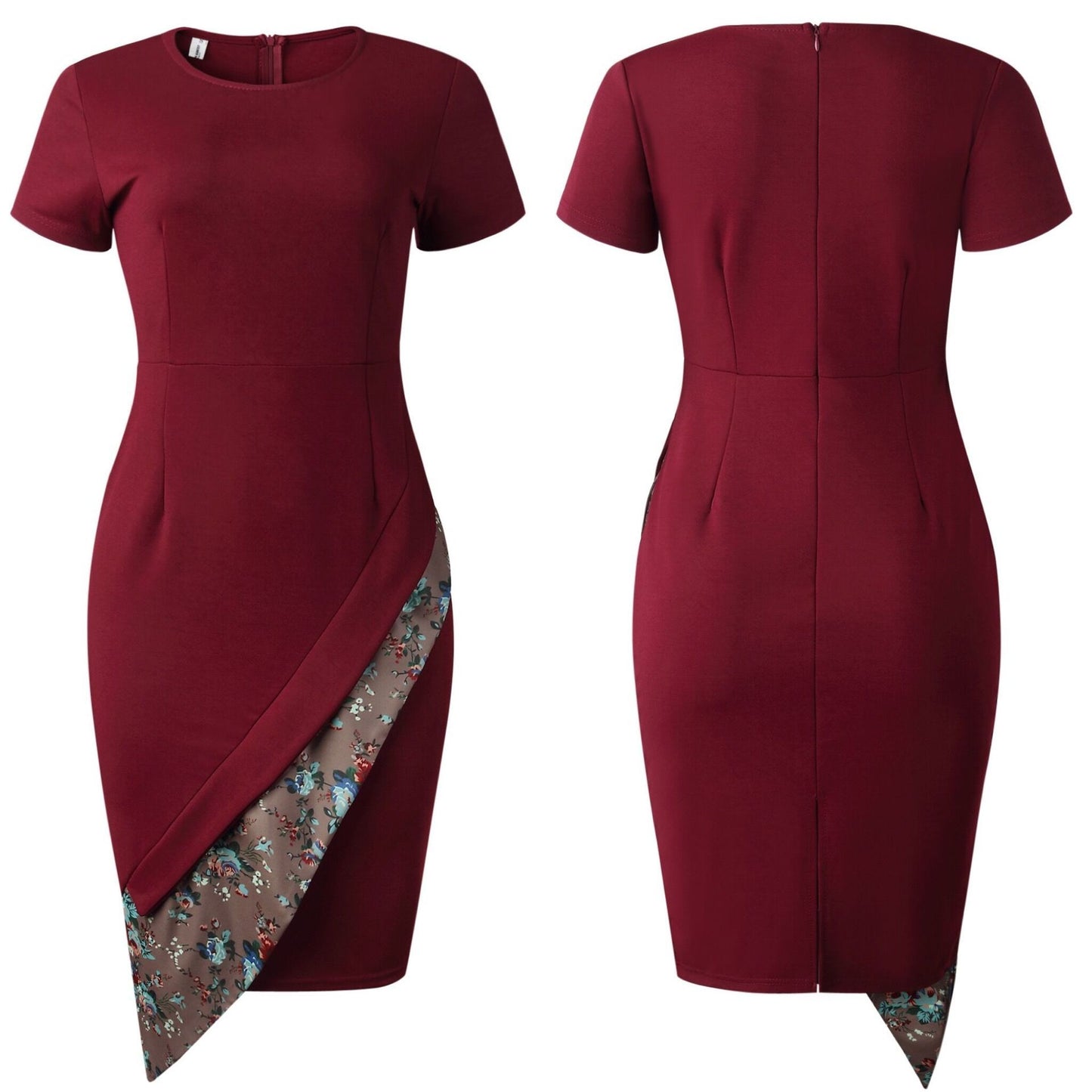 Short Sleeve Burgundy Floral Stitching Plus Size Dress