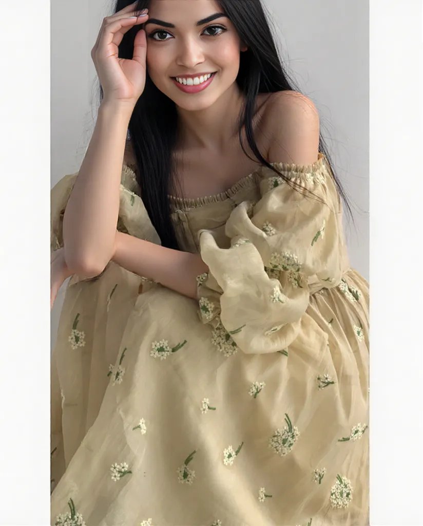 Beautiful New soft yellow Plus Size Autumn Loose Puff Sleeve Pleated Floral Long Sling Dress for Women