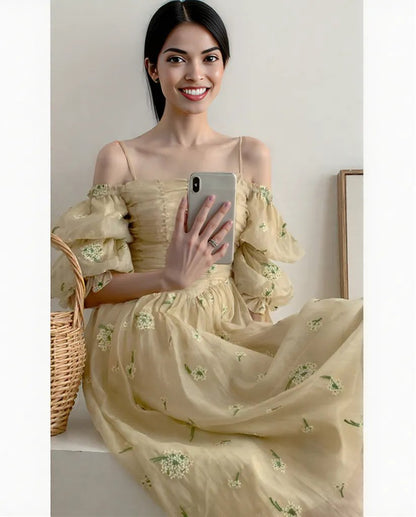 Beautiful New soft yellow Plus Size Autumn Loose Puff Sleeve Pleated Floral Long Sling Dress for Women