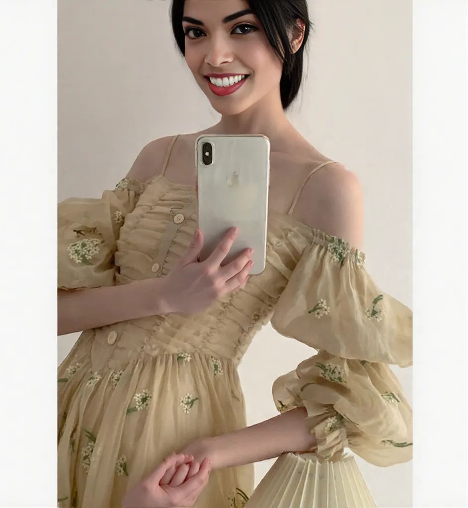 Beautiful New soft yellow Plus Size Autumn Loose Puff Sleeve Pleated Floral Long Sling Dress for Women