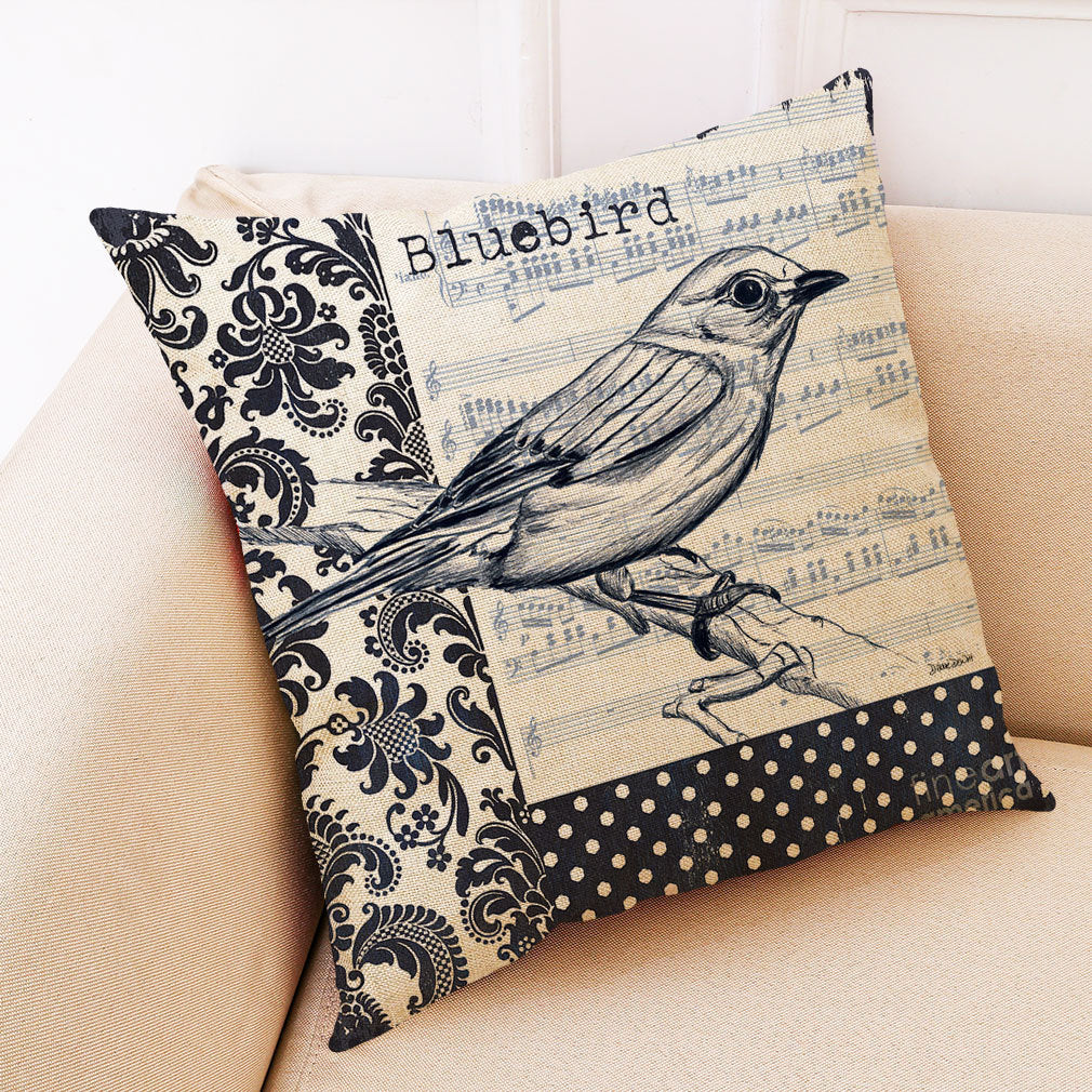 Retro Bird Cotton Linen Car Pillowcase Sofa Cushion