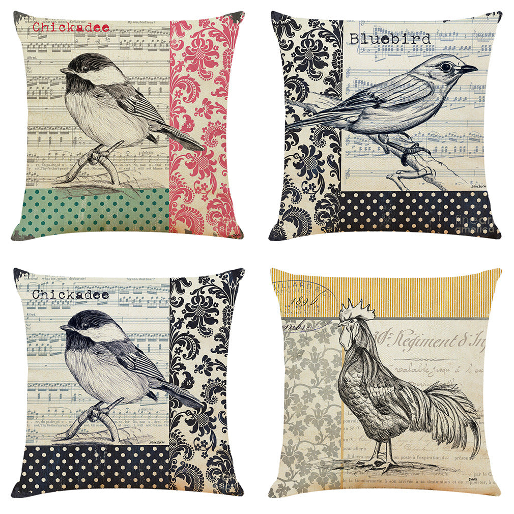 Retro Bird Cotton Linen Car Pillowcase Sofa Cushion