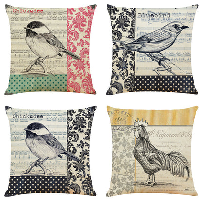 Retro Bird Cotton Linen Car Pillowcase Sofa Cushion