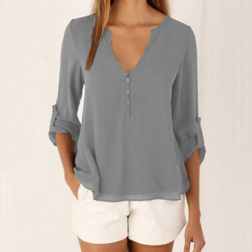 V-neck loose plus size chiffon shirt