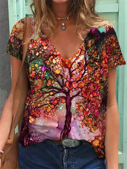 Painted V Neck Printed Loose Plus Size Short Sleeved T Shirt Women