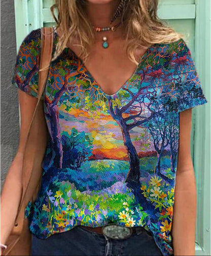 Painted V Neck Printed Loose Plus Size Short Sleeved T Shirt Women