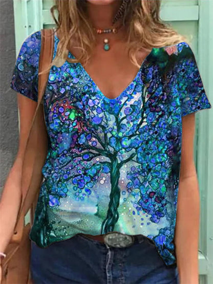 Painted V Neck Printed Loose Plus Size Short Sleeved T Shirt Women
