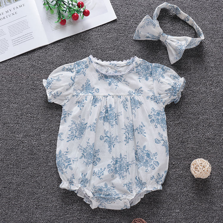 Short-sleeved Hand-painted Blue Flower Retro Cute Romper