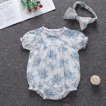Short-sleeved Hand-painted Blue Flower Retro Cute Romper