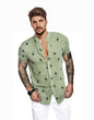 3D printed linen colorblock stand collar shirt