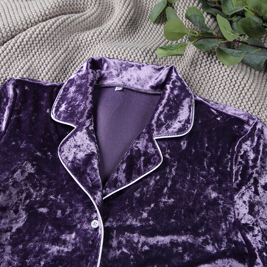 Purple Gold Velvet Women's Pajamas Set Long Sleeved Lapel Home Service Two Piece Suit