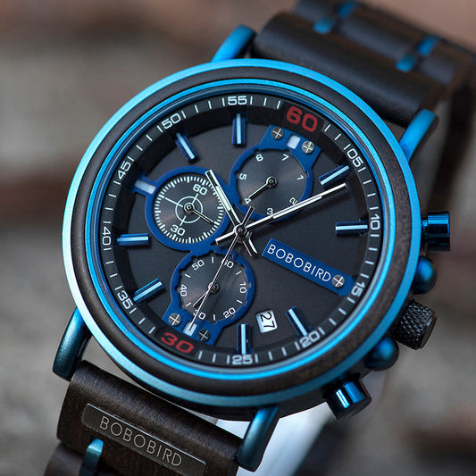 Blue Wooden Chronograph Watch
