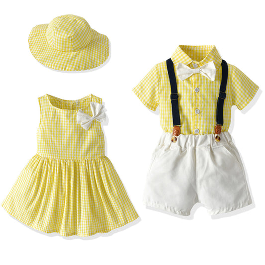 Boys' Short-Sleeved Shirt And Shorts, Girls' Dresses And Sun Hats