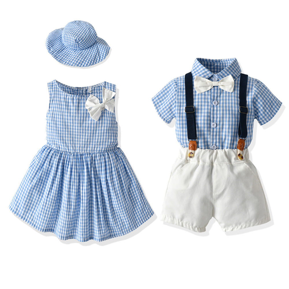 Boys' Short-Sleeved Shirt And Shorts, Girls' Dresses And Sun Hats
