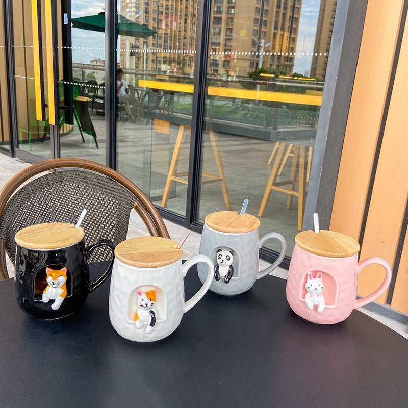 Three-dimensional Relief Ceramic Spoon With Lid Animal Shiba Inu Cup Office Water Cup Female
