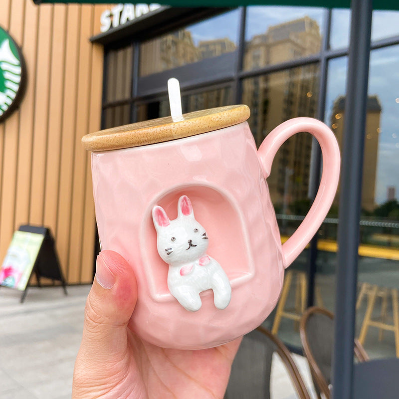 Three-dimensional Relief Ceramic Spoon With Lid Animal Shiba Inu Cup Office Water Cup Female