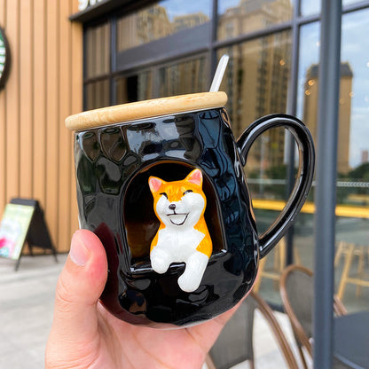 Three-dimensional Relief Ceramic Spoon With Lid Animal Shiba Inu Cup Office Water Cup Female